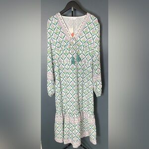 NWT SunnySpirit Boho Block Print Floral Maxi Dress with Tassels